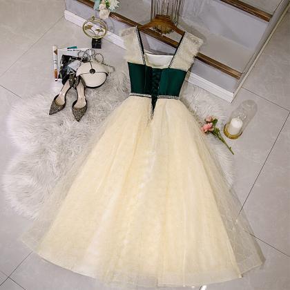 Champagne Lace And Green Satin Party Dresses..