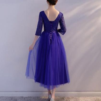 Charming Blue V-neckline Lace And Tulle Bridesmaid..