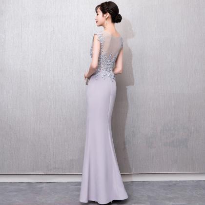 Grey Lace Mermaid Long Party Dress With Lace..