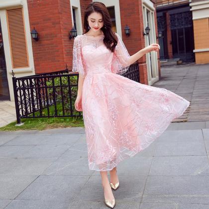 Pink Lace Puffy Sleeves Tea Length Party Dresses,..