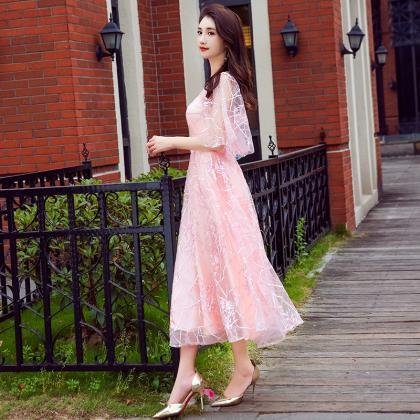 Pink Lace Puffy Sleeves Tea Length Party Dresses,..