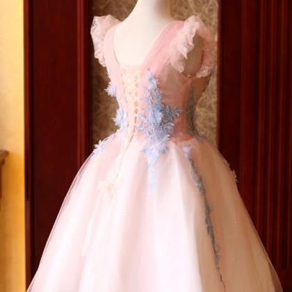 Cute Pink Tulle With Blue Flowers Lace Cute Short..