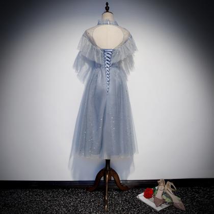 Cute Blue Shiny Tulle High Neckline Homecoming..