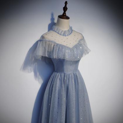 Cute Blue Shiny Tulle High Neckline Homecoming..