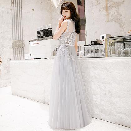 Light Grey Tulle Beaded And Lace Beautiful Long..