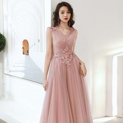 Pink V-neckline Tulle With Lace Applique Party..