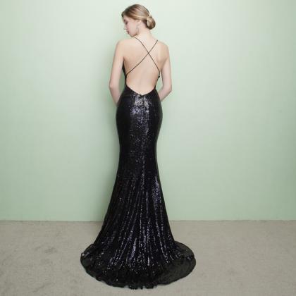 Sexy Black Sequins Backless Mermaid Long Party..