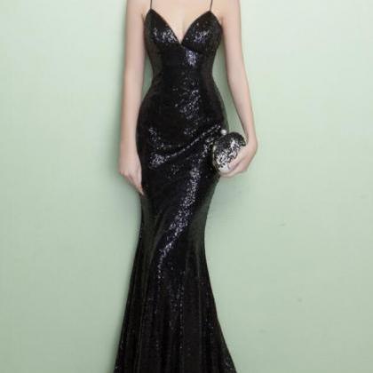Sexy Black Sequins Backless Mermaid Long Party..