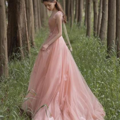 Lovely Pink Tulle A-line With Flowers Long Evening..