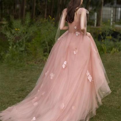 Lovelife Lovely Pink Tulle A-Line with Flowers Long Evening Gown Prom Dress, Light Pink Party Dresses