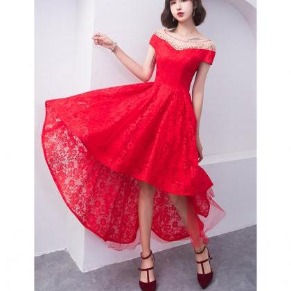 Chic Lace Red Round Neckline High Low Party..