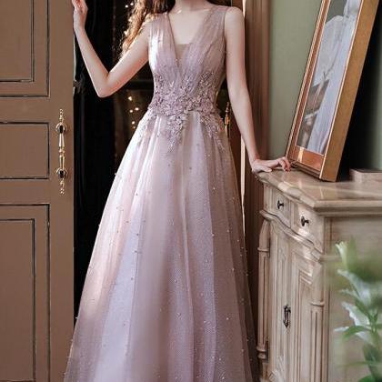 Pink V-neckline Beaded Lace Applique Style Wedding..