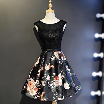 Black Floral Satin And Lace Short Party Dress..