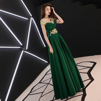 Dark Green Satin With Gold Lace A-line Simple..