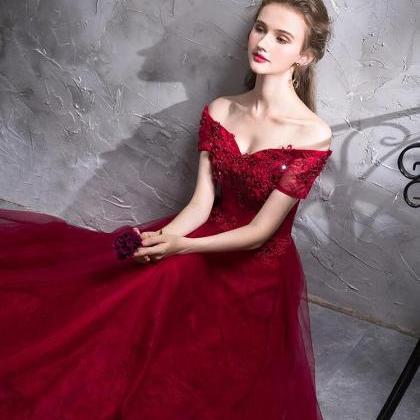 Dark Red Sweetheart Short Sleeves Lace A-line..