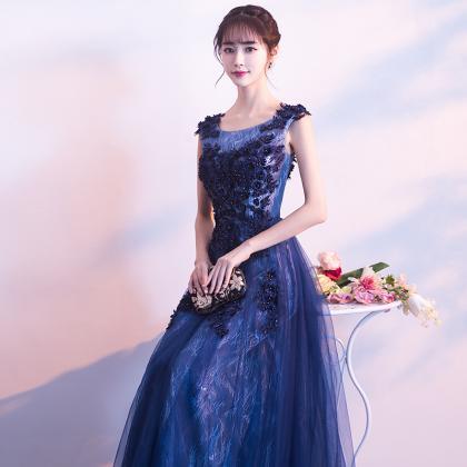 Navy Blue Tulle with Lace Round Nec..