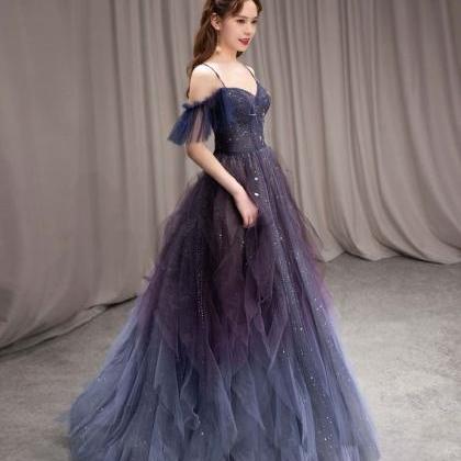 Charming Blue Beaded Gradient Tulle Long Formal..