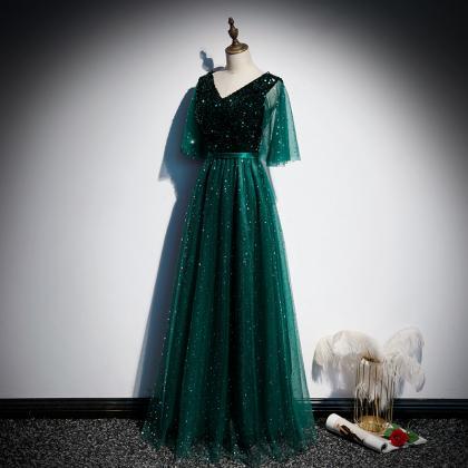 Pretty Dark Green Sequins And Tulle Long Formal..