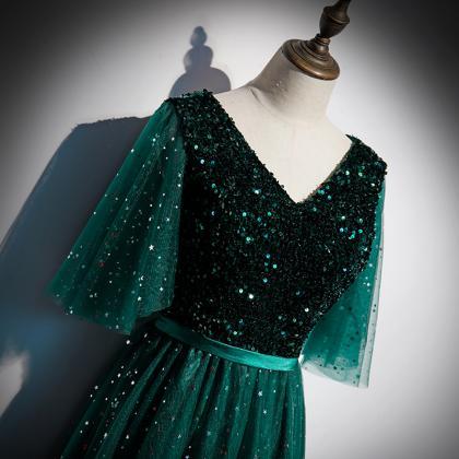 Pretty Dark Green Sequins And Tulle Long Formal..