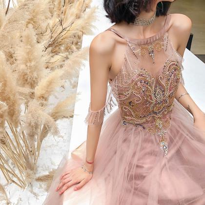Pink Halter Beaded Low V Back Tulle Party Dress,..