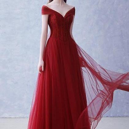 Wine Red Tulle Beaded Long Party Dresses Formal..