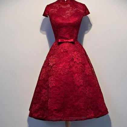 Cute Wine Red Lace Tea Length Wedding Party..