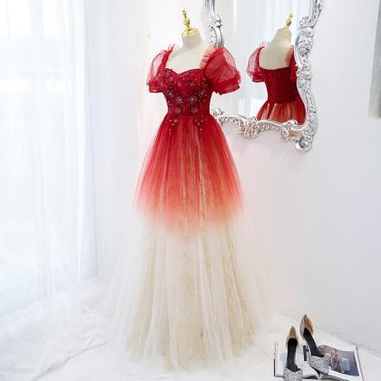 Charming Red Gradient Tulle Long Party Dress..