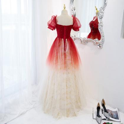 Charming Red Gradient Tulle Long Party Dress..