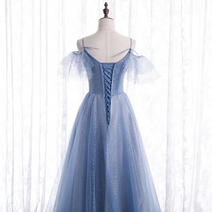 Light Blue Tulle Straps Off Shoulder Party Dress,..