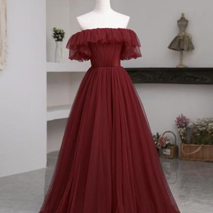 Wine Red Off Shoulder Tulle Long Evening Dress..