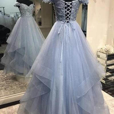 Grey Tulle Sweetheart Off Shoulder Layers Long..