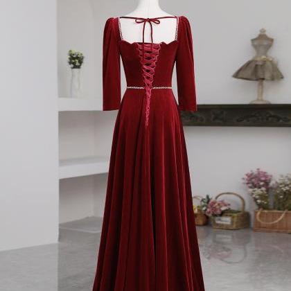 Wine Red Beaded Velvet Long Evening Dress Formal..