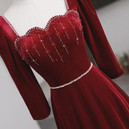 Wine Red Beaded Velvet Long Evening Dress Formal..