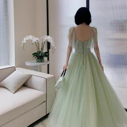 Light Green Tulle With Lace Cap Sleeves Long..