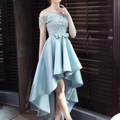 Blue Satin Style Lace Off Shoulder High Low Formal..