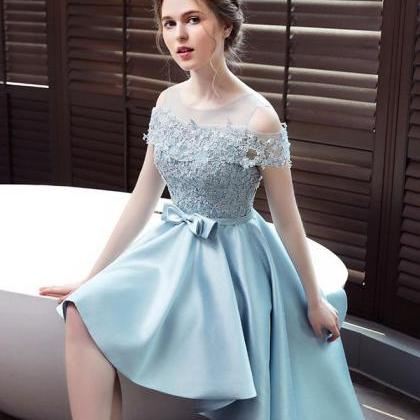 Blue Satin Style Lace Off Shoulder High Low Formal..