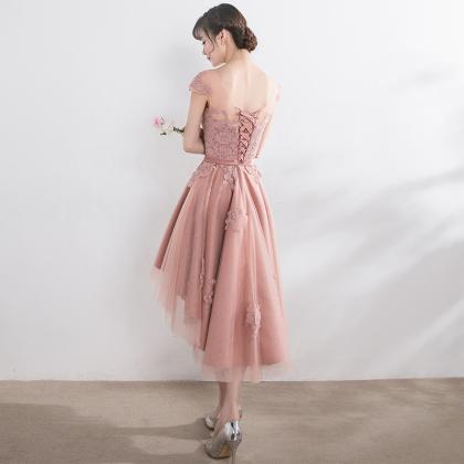 Pink Tulle Lace High Low Chic Bridesmaid Dresses..