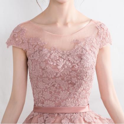 Pink Tulle Lace High Low Chic Bridesmaid Dresses..