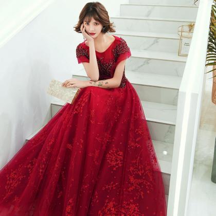 Wine Red Fashionable Lace Tulle Floor Length Prom..