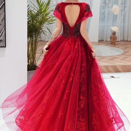 Wine Red Fashionable Lace Tulle Floor Length Prom..