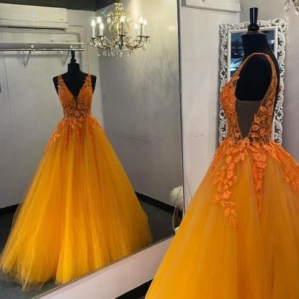 Fashionable Tulle Long V Neck Orange Lace Prom..