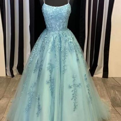 Beautiful Light Blue Tulle Lace Straps Backless..