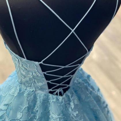 Beautiful Light Blue Tulle Lace Straps Backless..