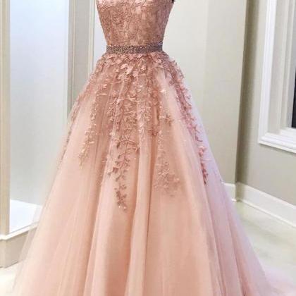 Pearl Pink V-neckline Beaded And Lace Tulle Long..