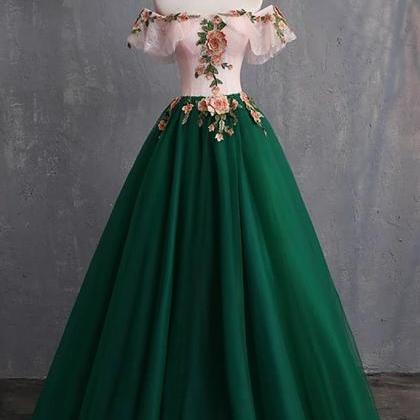 Puffy Green Tulle With Pink Floral Top Evening..