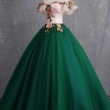 Puffy Green Tulle With Pink Floral Top Evening..