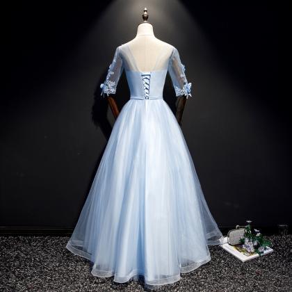 Blue Short Sleeves With Lace Flowers Long Sweet 16..