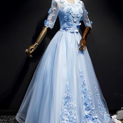 Blue Short Sleeves With Lace Flowers Long Sweet 16..