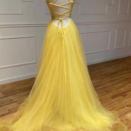 Yellow Tulle Long Formal Evening Dresses, Open..