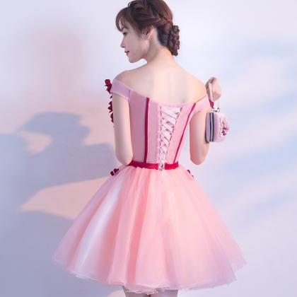 Lovely Pink Flowers Off Shoulder Tulle With Party..